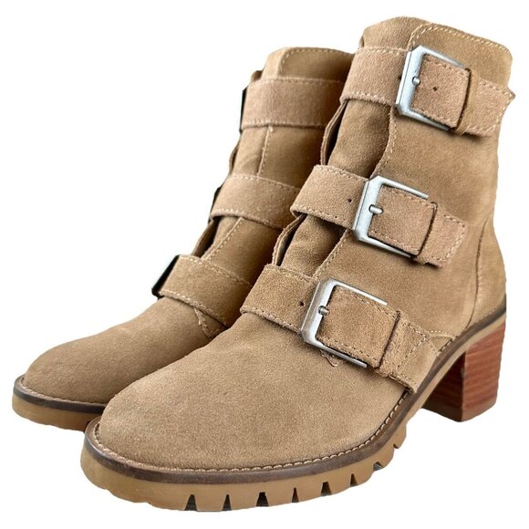 CROWN VINTAGE Asisa Ankle Boot Women’s 6.5 Tan Suede Leather Buckle Moto Chic - Picture 1 of 13
